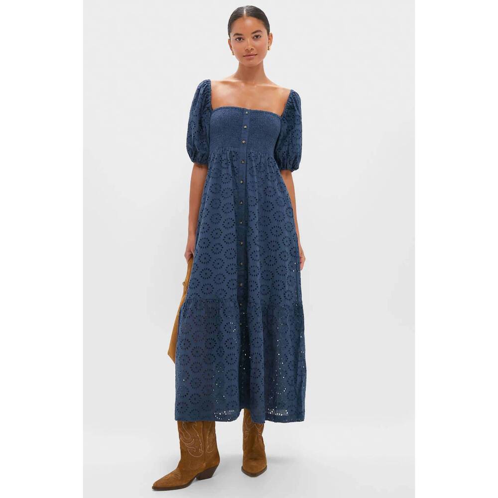 NEW EMERSON FRY santiago 4 maxi dress in blue indigo eyelet